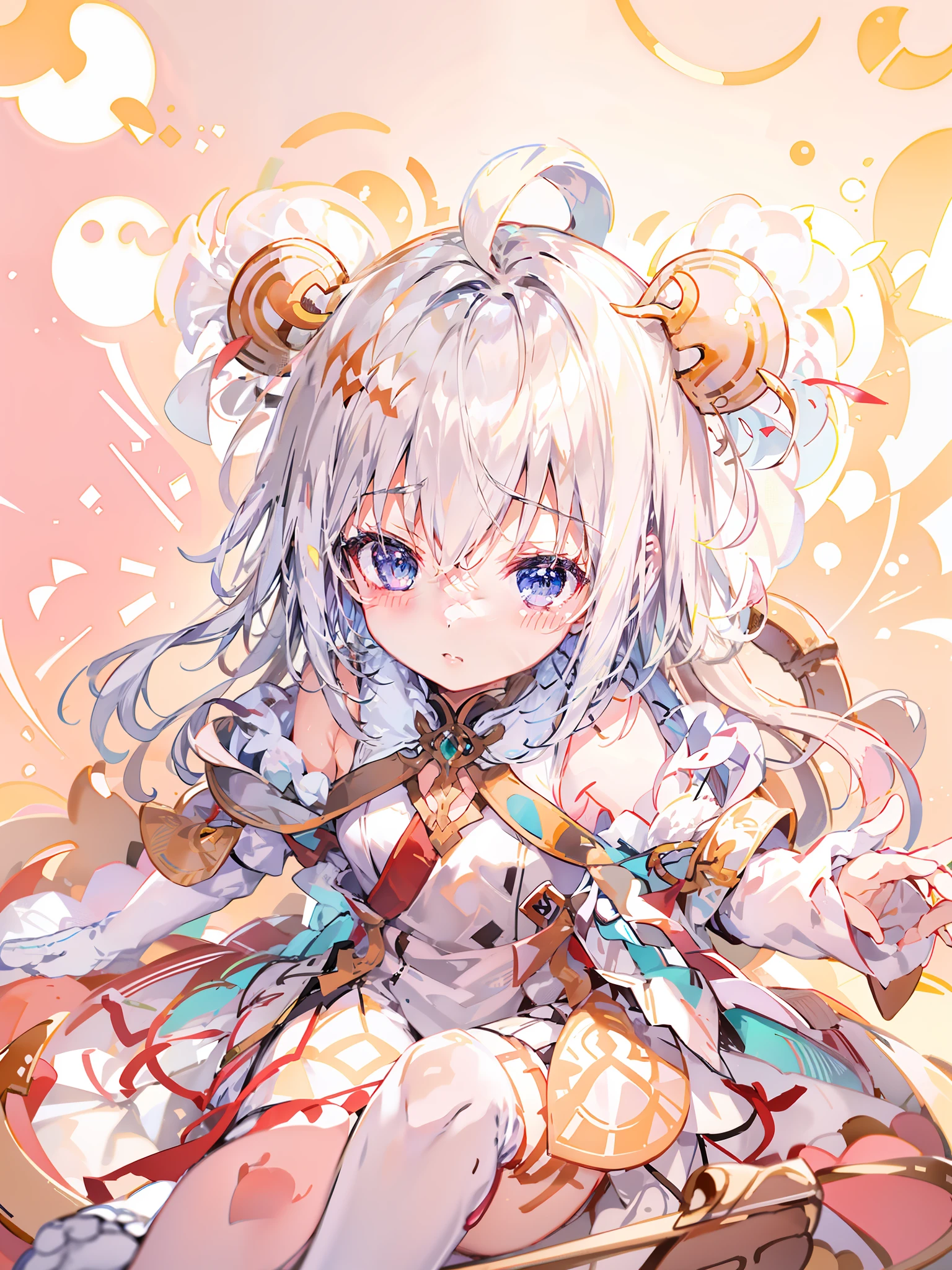 Anime - Style drawing of a girl with a red knot on her ears, small curvaceous loli, Soft anime illustration, Splash art anime Loli, Loli, Gray hair,  lovely art style, offcial art, small loli girl, Anime moe art style, Ribbons, zerochan art, and the sun was shining brightly，Light and shadow in detail，Round and hairy ears，One small foot wears white socks，Shy eyes，There is a fluffy squirrel tail，There are two long braids，The upper part of the body