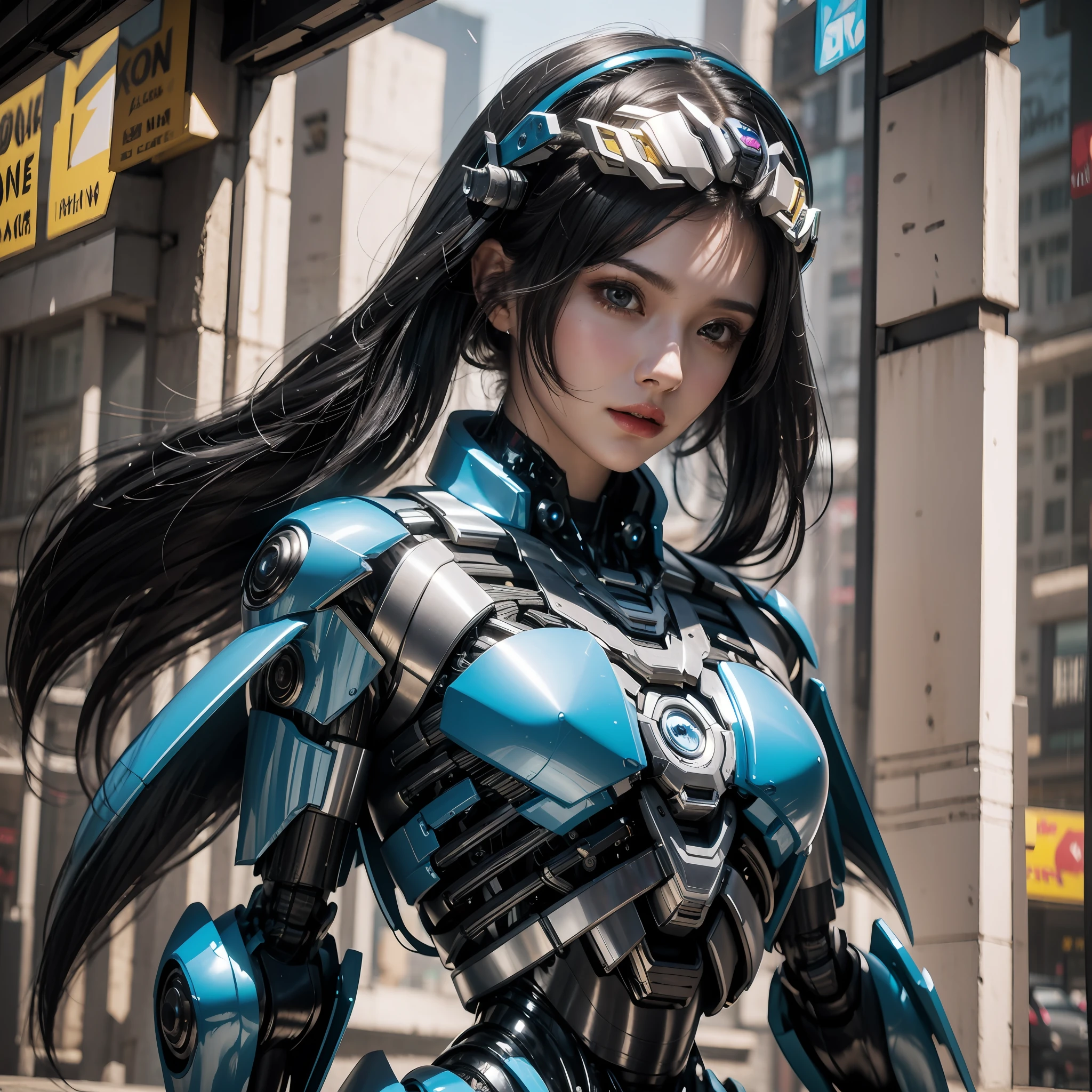 ((1girll)), Fluttering hair, Black hair，Perfect facial features, exquisite face, Headband helmet，super detailing, Super quality, Mechanical limbs,   (Blue mech),  cool movement, Cyberpunk city, k hd, Lifelike, Movie quality, rendering by octane, C4D render,  Masterpiece, Best quality, 8K, High details, hyper HD