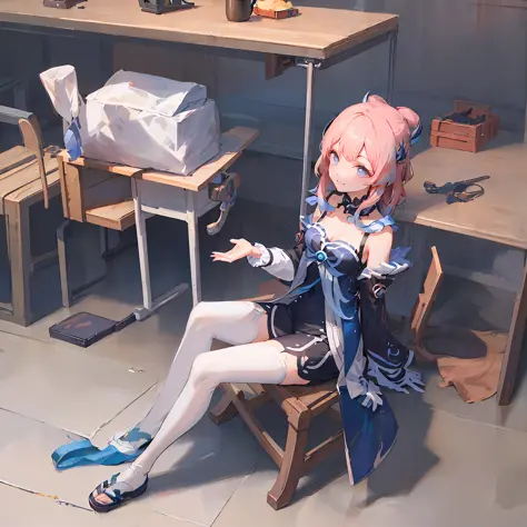 there is a woman sitting on a chair，with pink hair, guviz-style artwork, guviz, seductive anime girls, guweiz in pixiv artstatio...