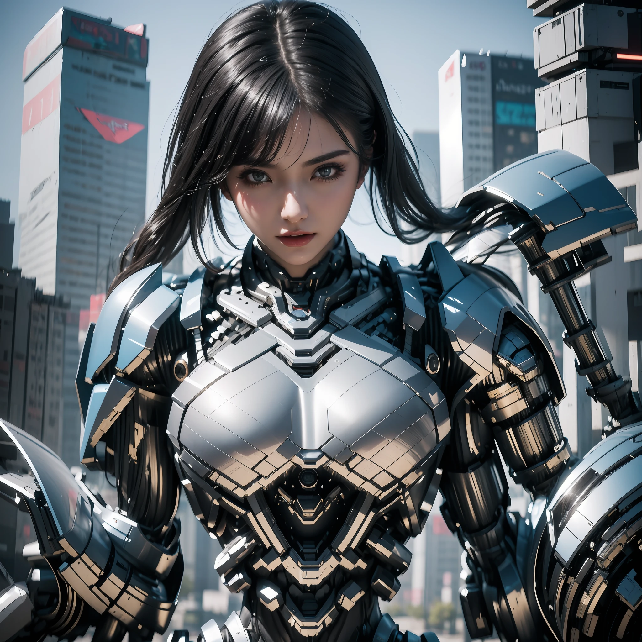 ((1girll)), Fluttering hair, Black hair，Perfect facial features, exquisite face, super detailing, Super quality, Mechanical limbs,   (Blue mech),  cool movement, Cyberpunk city, k hd, Lifelike, Movie quality, rendering by octane, C4D render,  Masterpiece, Best quality, 8K, High details, hyper HD