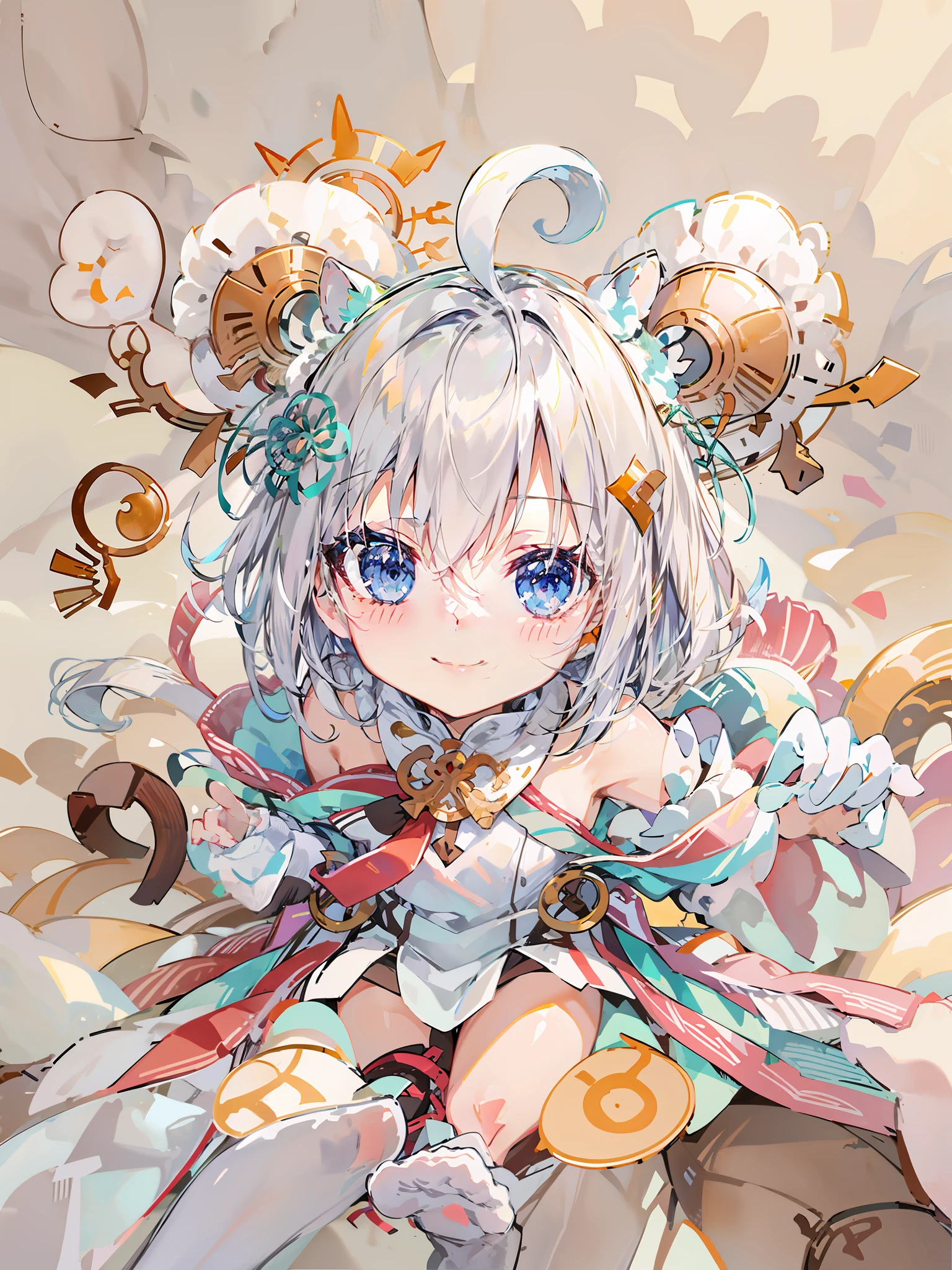 Anime - Style drawing of a girl with a red knot on her ears, small curvaceous loli, Soft anime illustration, Splash art anime Loli, Loli, Gray hair,  lovely art style, offcial art, small loli girl, Anime moe art style, Ribbons, zerochan art, and the sun was shining brightly，Light and shadow in detail，Round and hairy ears，One small foot wears white socks，Shy eyes，There is a fluffy squirrel tail，Smile Mimi blushed