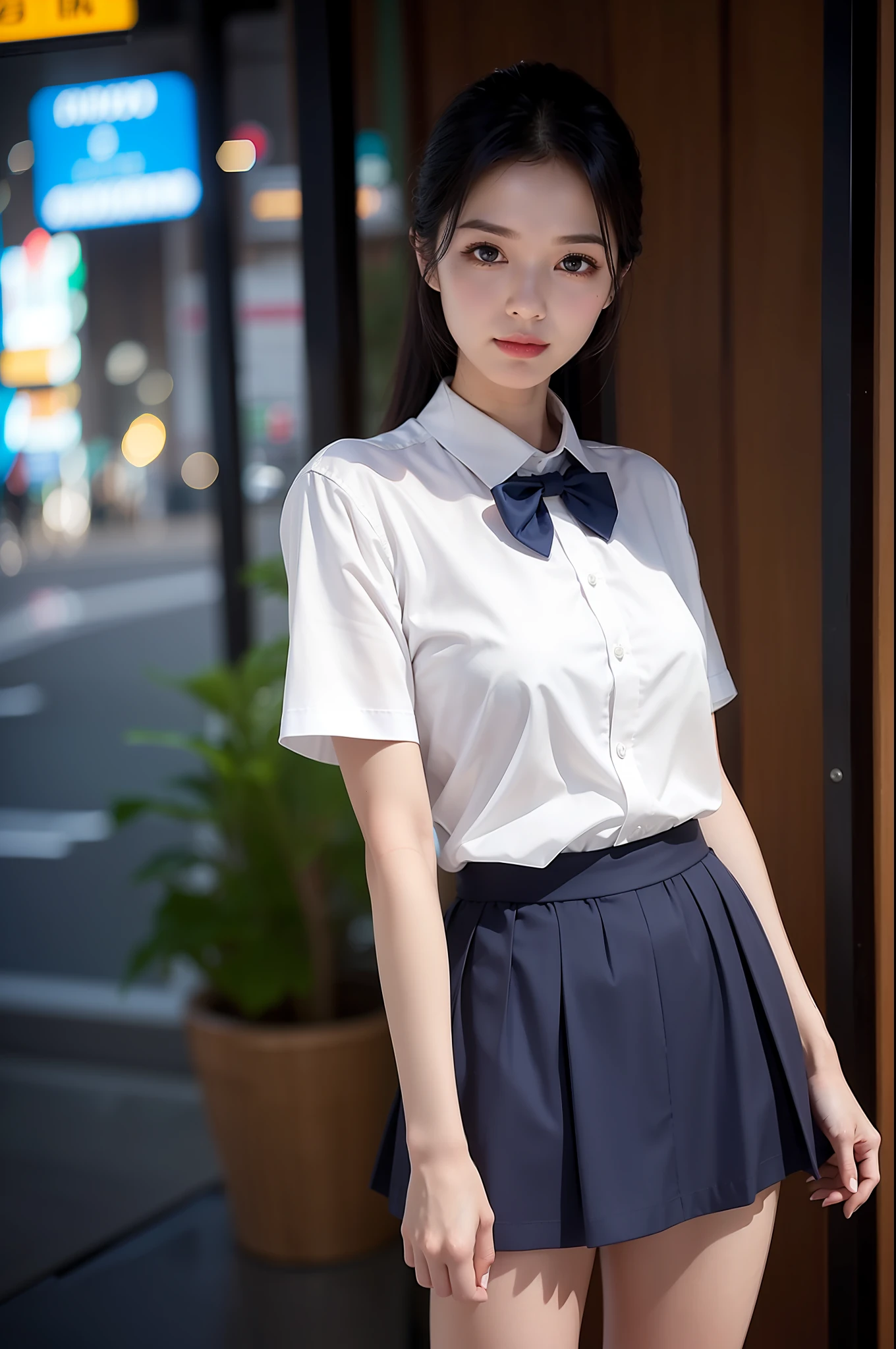 (8k, RAW photo, best quality, mastery:1.3),(realistic,photo-realistic:1.37),(night),(looking viewer:1.331),(white hair),posing,Tokyo street,nightcityscape,cyberpunk city,soft light, 1girl, extremely beautiful face, perfect body proportions, focal length, bust, casual hairstyle, smile, big eyes, (short sleeves JK_shirt), JK_style, (navy JK_skirt), (bow JK_tie), mix4, detailed eyes