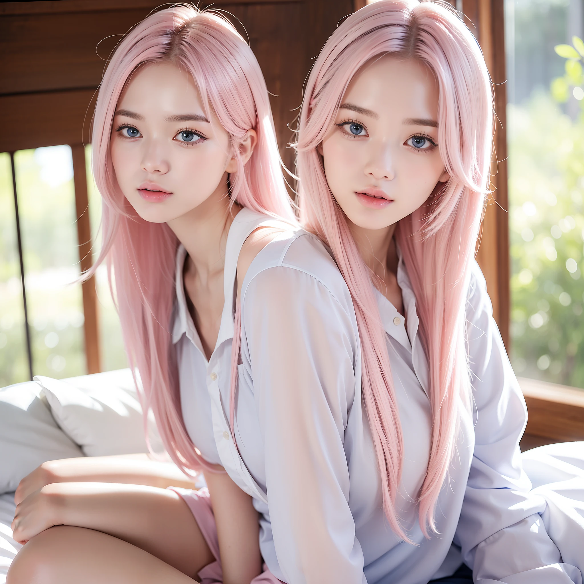 (masterpiece), (high quality), (8k resolution), (RAW photo), (best quality), (masterpiece:1.5), (realistic:1.5), ((photo realistic)), vibrant details, hyper realistic,1girl, (cute:1.2), beautiful, high-quality and detailed face, perfect face, (white hair And light pink hair:1.4), rosy cheeks, detailed eyes, (blue eyes),colorful eyes,(watery eyes),nsfw,, slender body, looking at viewer, closed mouth, real human skin, shiny skin, mid breasts, ((school uniform)), sitting, bed,