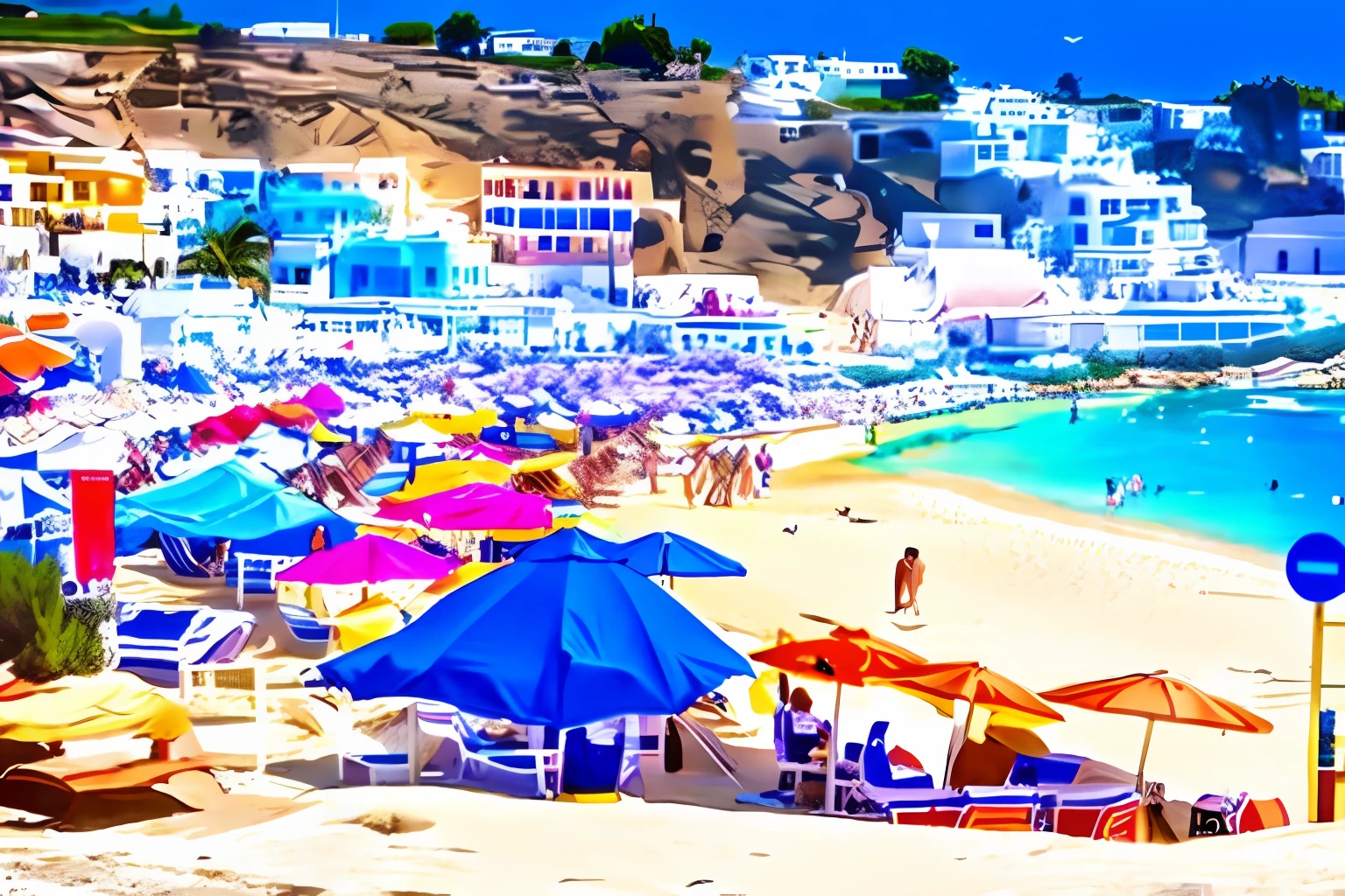 There are many people with umbrellas and chairs on the beach, Greece, crowded beach, beach in the foreground, tourist destination, Sandy beach, Beach people々, Fantasy panorama of Greece, Holiday Season, vacation photo, sightseeing, the photo shows a large, exclusive, the beach, widescreen shot, The beach is located between two valleys, Branding, Looking for Women, tourism photography