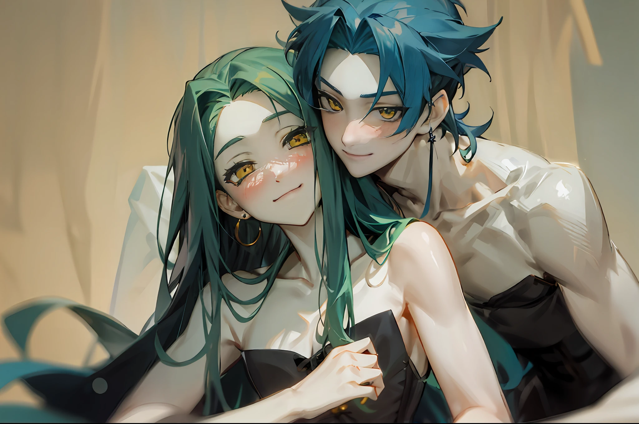 2boy, long hair, , earrings, yaoi, yellow eyes, jewelry, green hair, , blush, couple, pectorals, closed mouth, collarbone, looking at viewer, breasts, parted bangs, short hair, blue hair, smile, bangs, corset