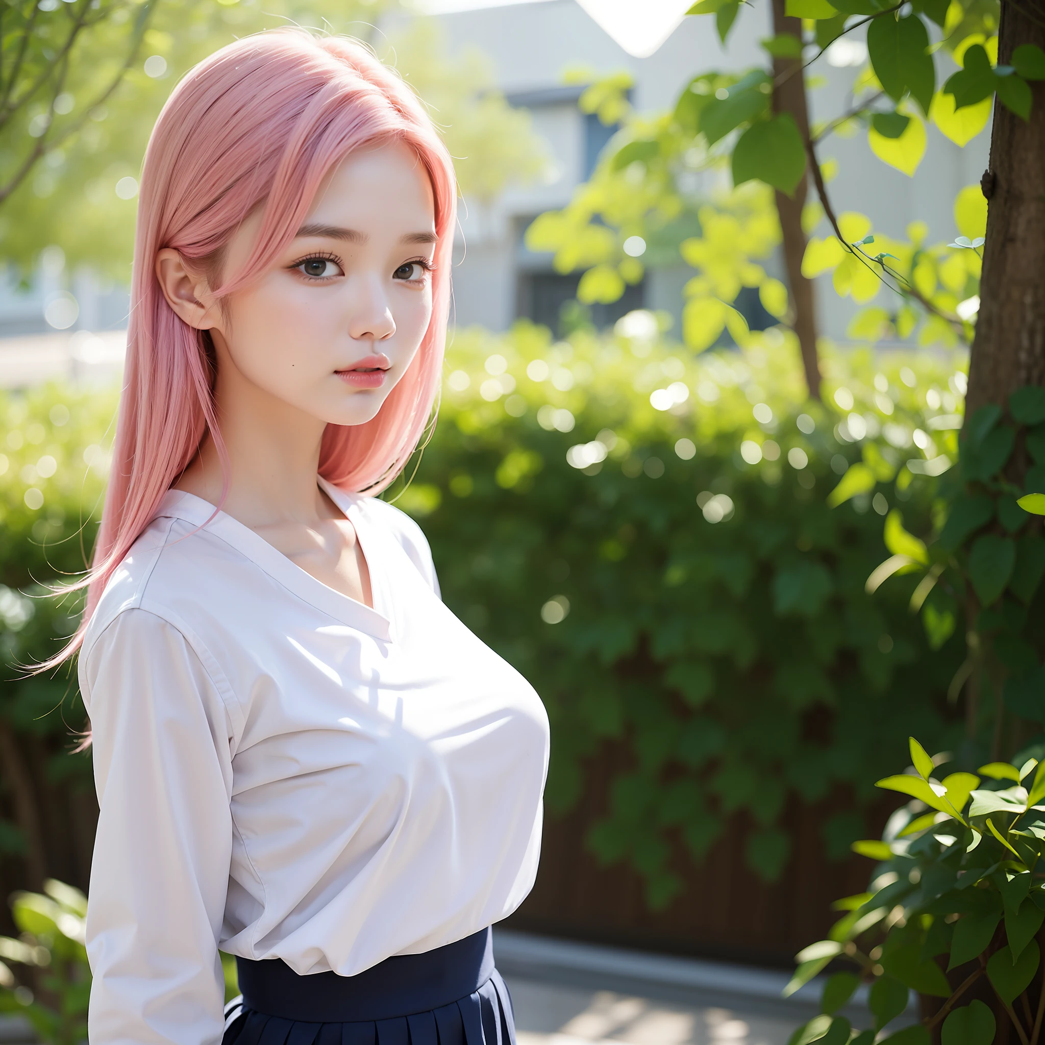 one-girl，Look to the lens，A pink-haired，Wear a school uniform，tmasterpiece，high qulity，8K，best qualtiy，realisticlying，vibrant detail，1个Giant Breast Girl，adolable，Beautiful face rich in details，One guy，looki at viewer，The street is against the wall，which stands on the street，校服，perfect  detail。