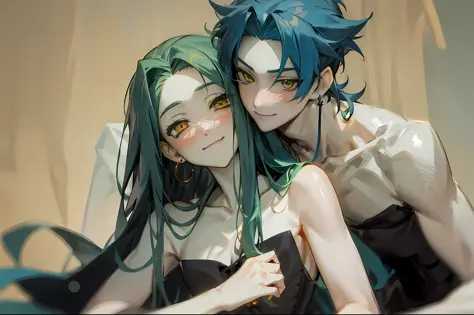 2boy, long hair, , earrings, yaoi, yellow eyes, jewelry, green hair, , blush, couple, pectorals, closed mouth, collarbone, looki...