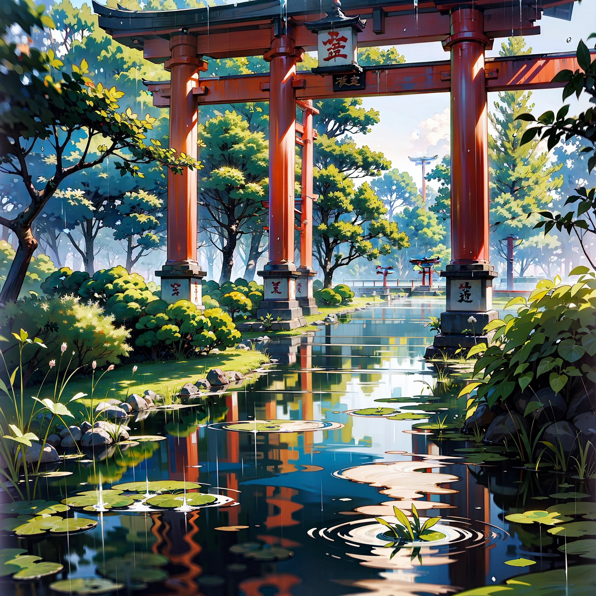 (masterpiece)，Highest image quality，Super meticulous，The beauty of Japanese elegance，Gentle eyes，White clothes without makeup，Official waist Japan sword，The tranquility of dripping water，After the rain, there is a slight drizzle in the mist，A torii gate in Kagoshima，A Japanese scenery that blends in with harmonious nature。