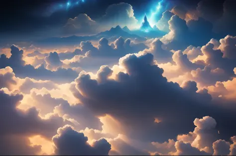 A majestic view of a heavenly realm, where angels and demons clash in a spectacular battle amidst the clouds and celestial structures. The scene is illuminated by a brilliant light from the heavens, creating a breathtakingly beautiful atmosphere.