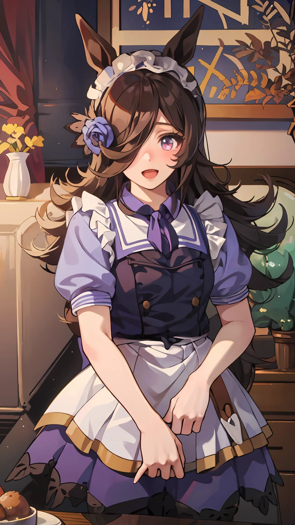 Anime image of cartoon woman with big ears standing with food next to table, RiceShower (Umamusume), Animal ears, Horse ears, Multiple girls, Hair over one eye, Long hair, Apron, Smile, blush, Solo Focus, White Apron, Purple eyes, Looking at Viewer, maid, Indoors, Open mouth, Short sleeves, Maid headdress, Horse Girl, Brown hair, enmaided,RiceShower \(Umamusume\)