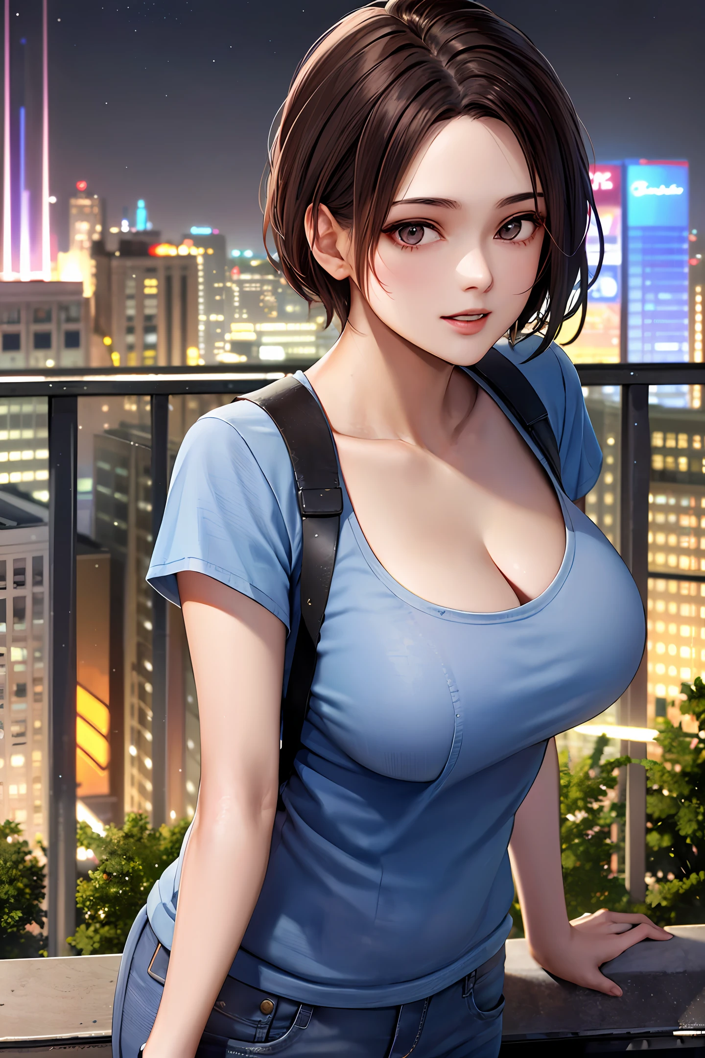 ((Midnight, Best quality, 8k, Masterpiece :1.3)), Whole body, Long legs, Sharp focus :1.2, A pretty woman with perfect figure :1.4, Slender abs :1.1, ((Dark brown hair, Big breasts :1.2)), (White tight tshirt, Jean bib, Standing:1.2), ((Night city view, Rooftop:1.3)), Highly detailed face and skin texture, Detailed eyes, Double eyelid