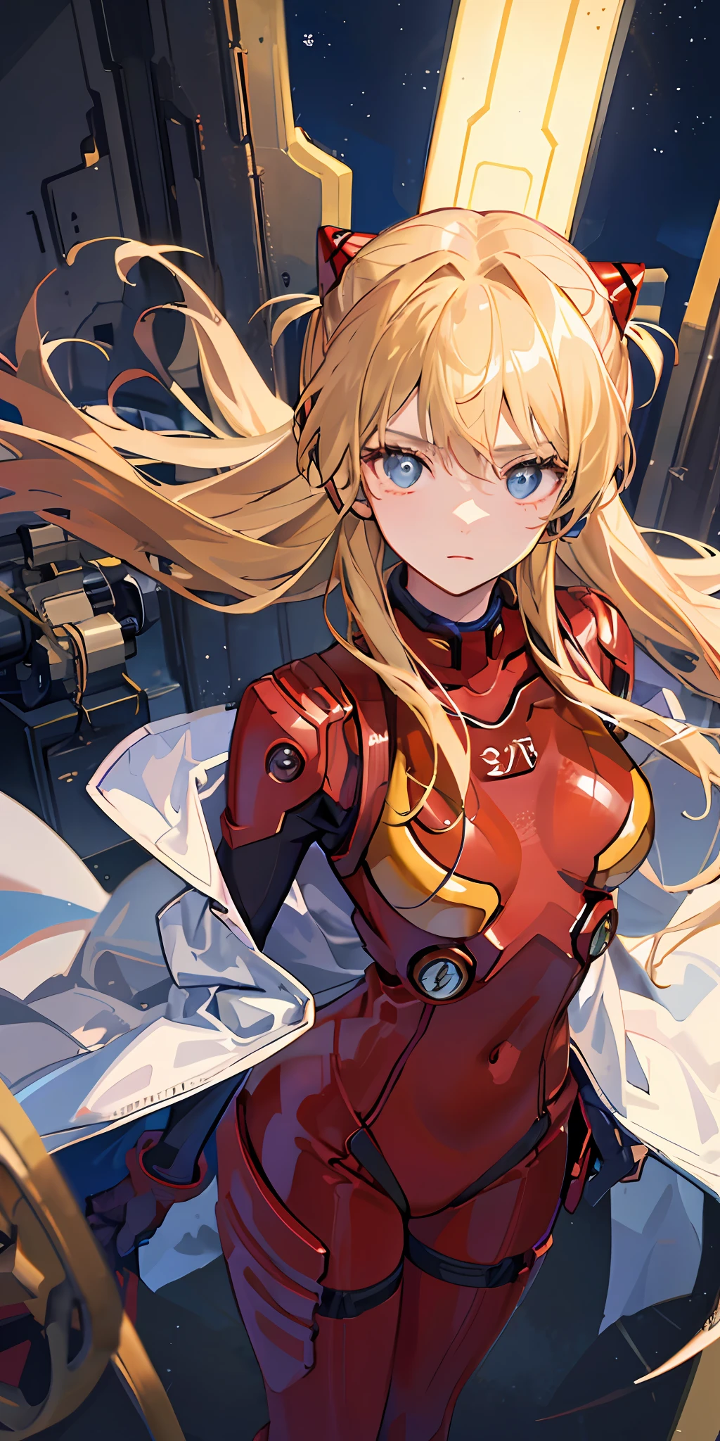 (Overhead view),dynamic angle,ultra-detailed, illustration, close-up, straight on, 1girl, 
 ((souryuu asuka langley, interface headset, red bodysuit:1.4, blonde)),Her eyes shone like dreamy stars,(glowing eyes:1.233),(beautiful and detailed eyes:1.1),(expressionless,closed mouth),(standing), 
(mechanic room with toolsand spaceship windowin a white SPACESHIP),
(night:1.2),dreamy, [[delicate fingers and hands:0.55]::0.85],(detail fingers),