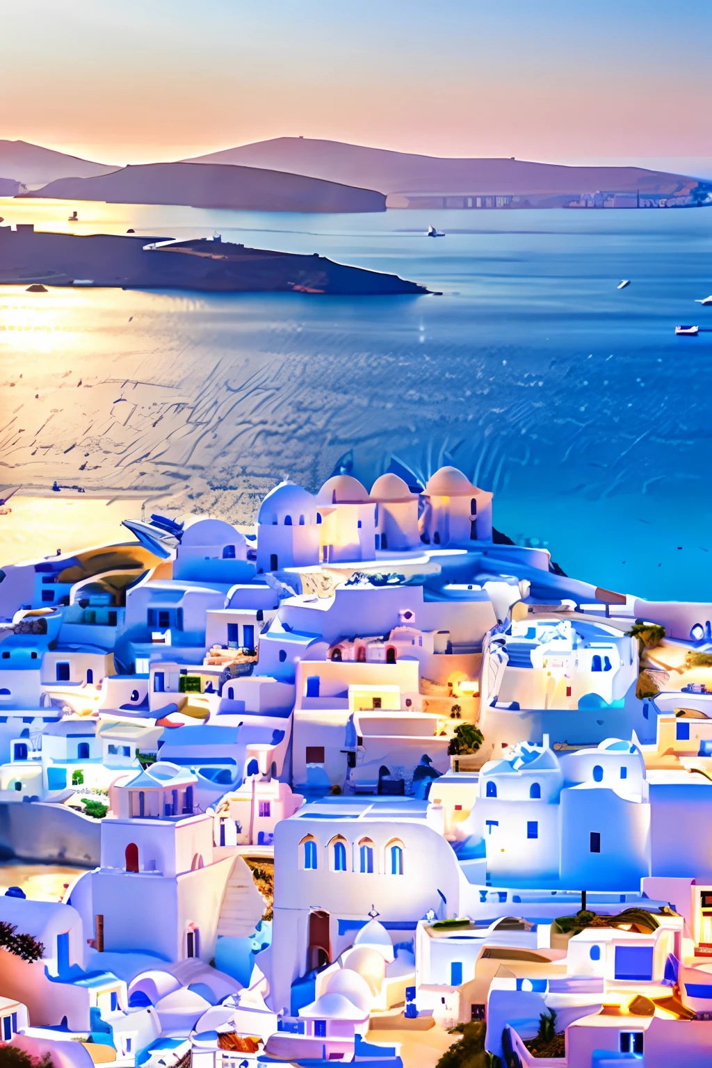 Vista panorâmica da cidade com corpo de água ao fundo, cenário grego, Grécia, edifícios caiados, moinhos, Santorini, cercando a cidade, cenário da ilha mediterrânea, Fantasy panorama of Grécia, o mar visto atrás da cidade, Visão do isômero, Vista um pouco acima, Ver de perfil à distância, In Santorini