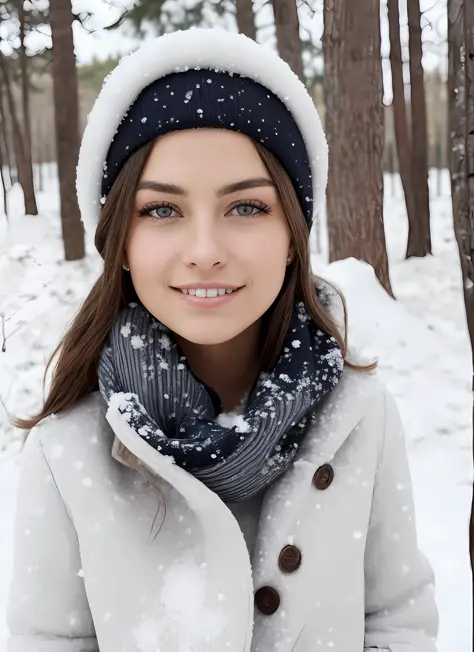 beldel, photograph of a woman standing outside, winter, (snow:1.2), white shirt, (detailed face), soft smiling, detailed iris, d...