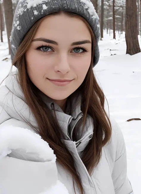 beldel, photograph of a woman standing outside, winter, (snow:1.2), white shirt, (detailed face), soft smiling, detailed iris, d...