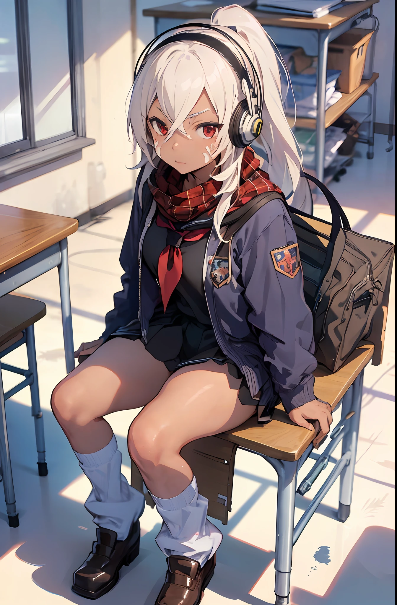 minneapolis\(azur lane\), school_uniform,  pleated skirt,plaid_scarf,red_scarf, school_bag,loafers,headphones,loose_socks,classroom,sitting,from above,, masterpiece, best quality, extremely detailed face, sharp details, high contrast,