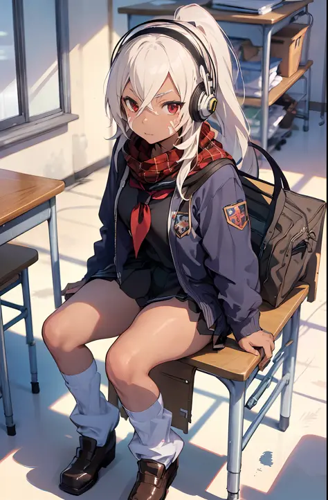 minneapolis\(azur lane\), school_uniform,  pleated skirt,plaid_scarf,red_scarf, school_bag,loafers,headphones,loose_socks,classr...