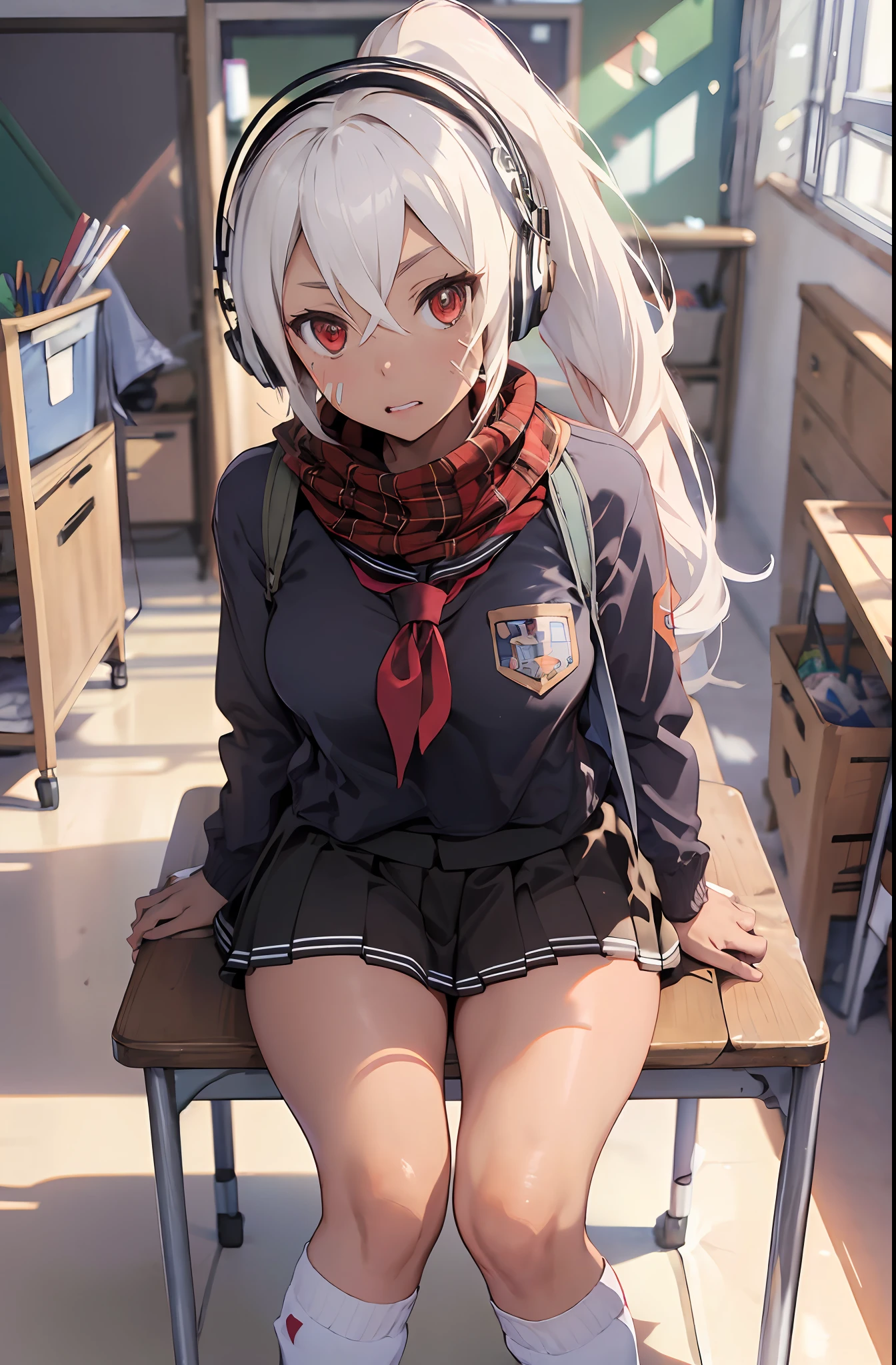 minneapolis\(azur lane\), school_uniform,  pleated skirt,plaid_scarf,red_scarf, school_bag,loafers,headphones,loose_socks,classroom,sitting,from above,, masterpiece, best quality, extremely detailed face, sharp details, high contrast,