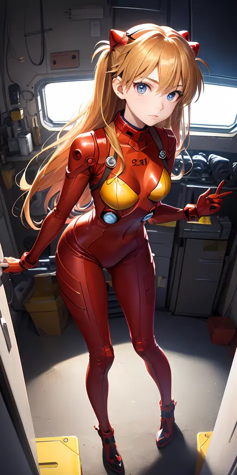 (Overhead view),dynamic angle,ultra-detailed, illustration, close-up, straight on, 1girl, 
 ((souryuu asuka langley, interface headset, red bodysuit:1.4, blonde)),Her eyes shone like dreamy stars,(glowing eyes:1.233),(beautiful and detailed eyes:1.1),(expr...