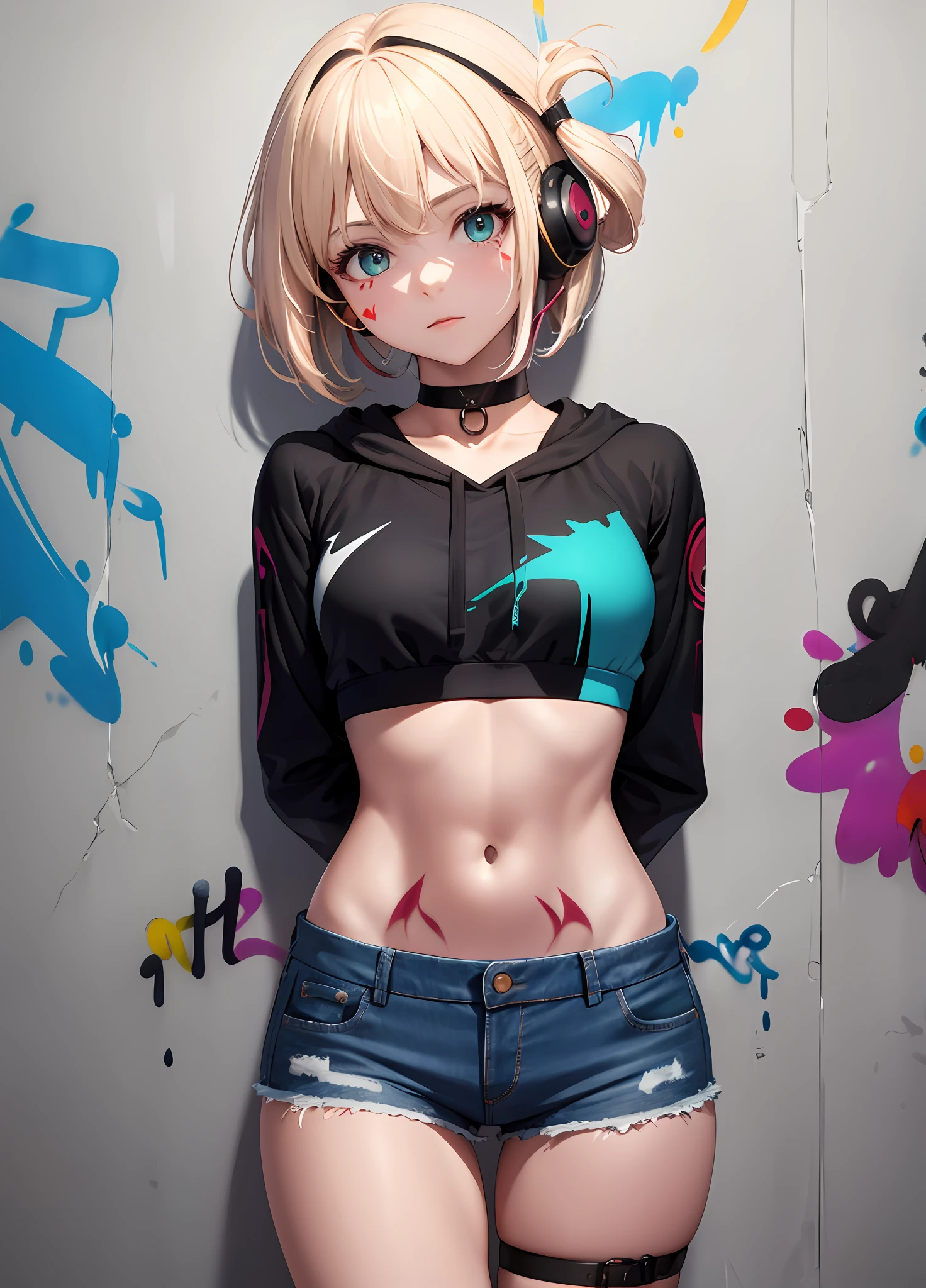 masterpiece, best quality, 1girl, solo, crop top, denim shorts, choker, (graffiti:1.5), paint splatter, arms behind back, against wall, looking at viewer, armband, thigh strap, paint on body, head tilt, bored, multicolored hair, aqua eyes, headset,