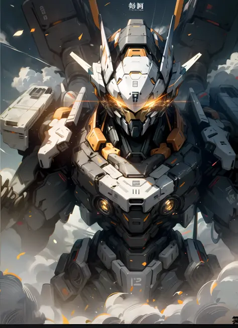 Skysky，​​clouds，holding_weapon，no_humans，with light glowing，，droid，buliding，glowing_eyes，mecha，scientific fiction，城市，Realistis，Mecha orange：The main color。

mechs：The theme of the poster，Represents the technology and power of the future。

Cool：The overall ...