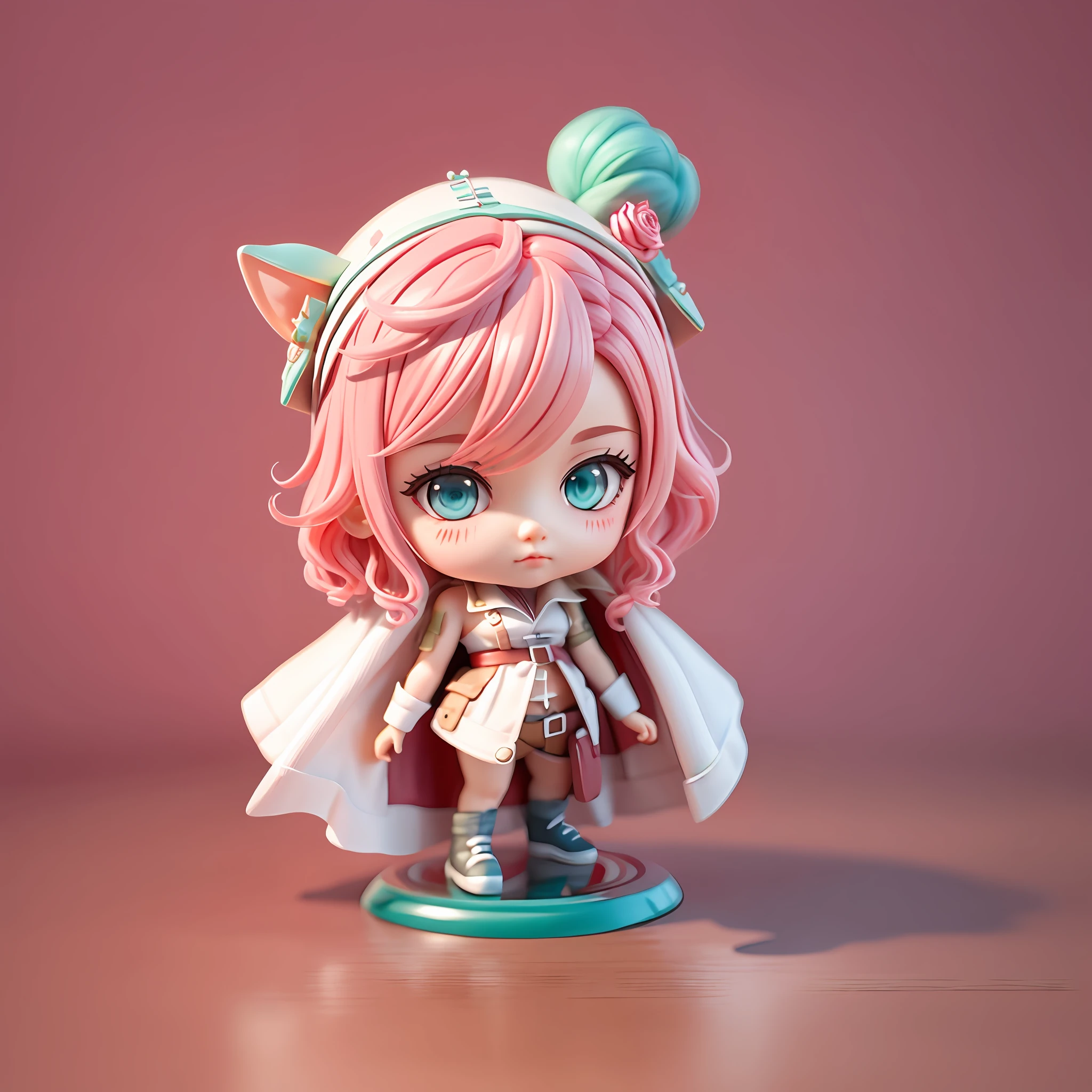 blind box toy style, Chibi, Full body, Foot Stand, Writing Final Fantasy, Medium short hair, Wavy rose-pink hair, Bright aqua eyes, White shirt, red cape, Standing