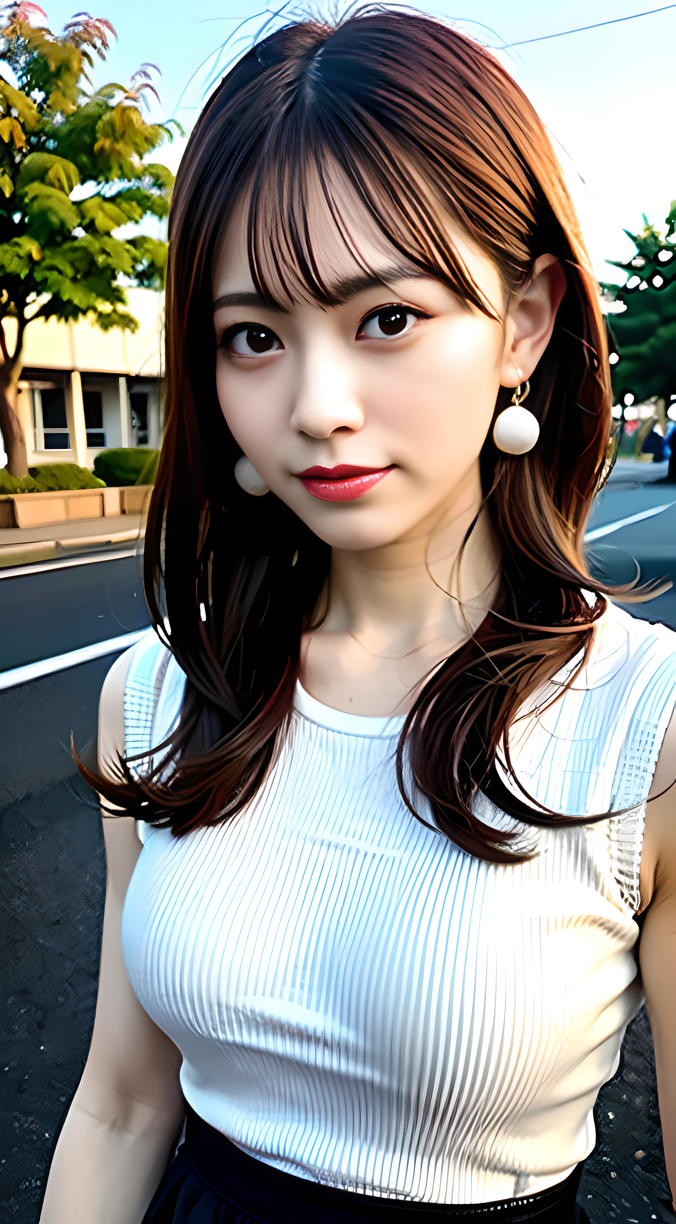 (Masterpiece, Top Quality: 1.7), (Ultra Detailed: 8k CG: 0.4), (Ultra Realistic: 1.35), (Photorealistic: 1.65), (Realistic: 1.5), Posing, Standing, Beautiful Japan Woman, 2, Supermodel, Gorgeous, Japan Idol, (Curved Breasts), {Park in Background}, Reflected Light, (Ultra Ultra Mini Skirt: 1.5), Long Hair, (Detailed Face, Detailed Eyes) , wavy hair, long legs, constricted waist, delicate skin, full body, fluffy suit, one hand brushing up hair, frontal shot, earrings, necklace, high heels