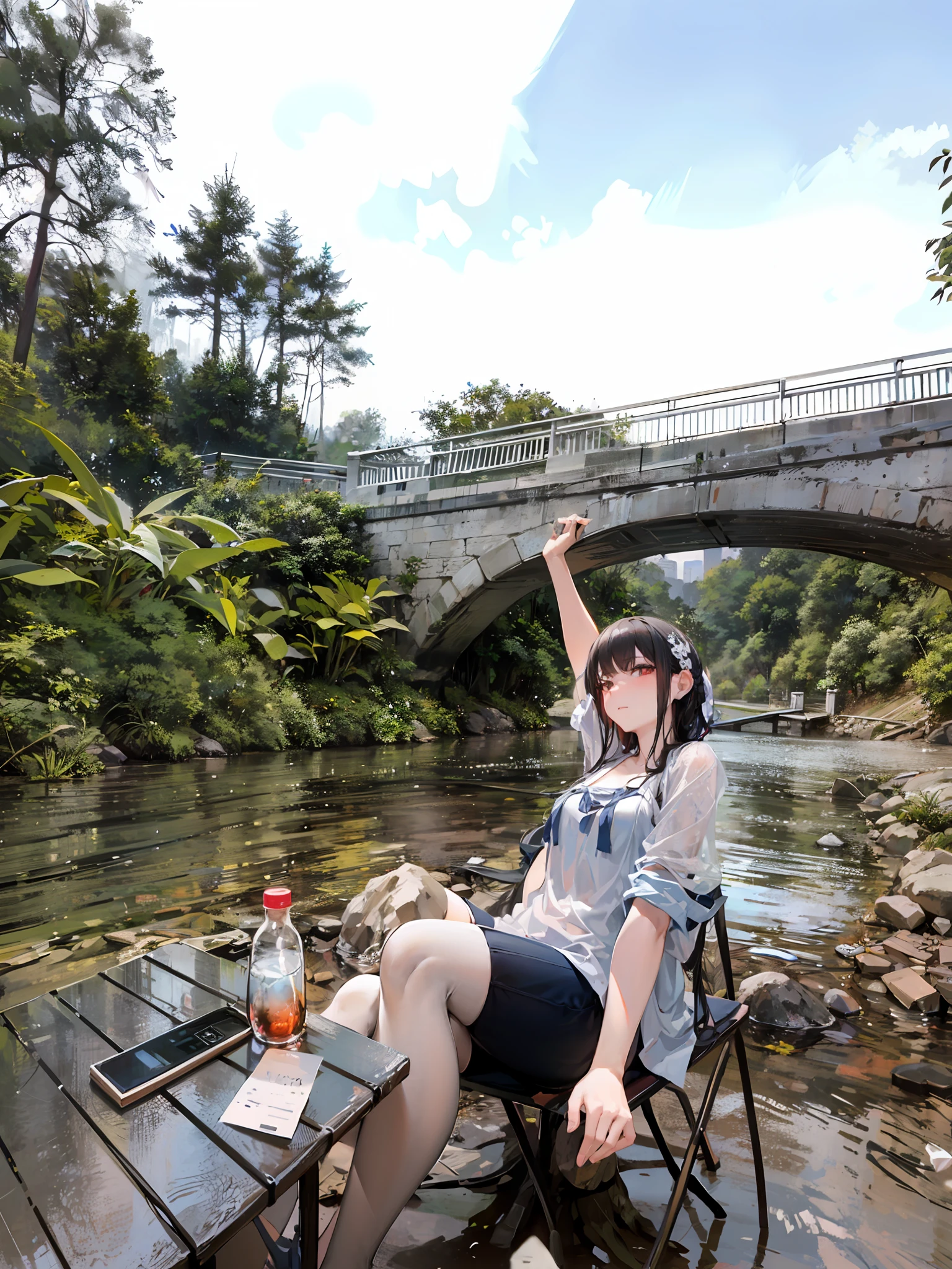 There was a woman sitting on a chair by the river, sittinng on the river, next to a waterfall, next to a small river, river in the background, beside a river, peacefully drinking river water, beside a river, waterfall in background, connected with hanging bridge!!, Sit under the bridge, waterfall in background, near a river, beside a river