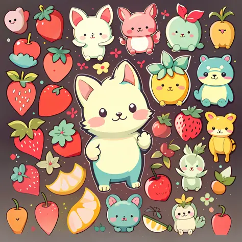 Individual stickers， 1sticker， （cherrie））， white backgrounid， nothing background， simple backgound， dk， adolable， pastel colour， vectorstyle， no gradien，Refinement。Various fruits，All kinds of cute animals
