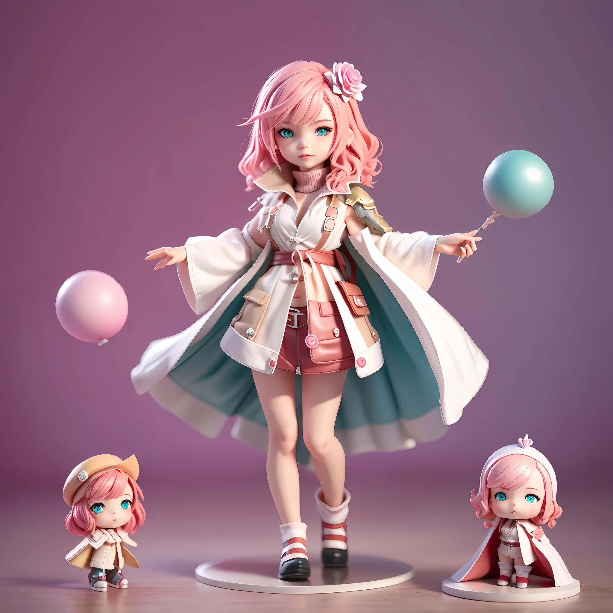 blind box toy style, Chibi, Full body, Foot Stand, Writing Final Fantasy, Medium short hair, Wavy rose-pink hair, Bright aqua eyes, White shirt, red cape, Standing