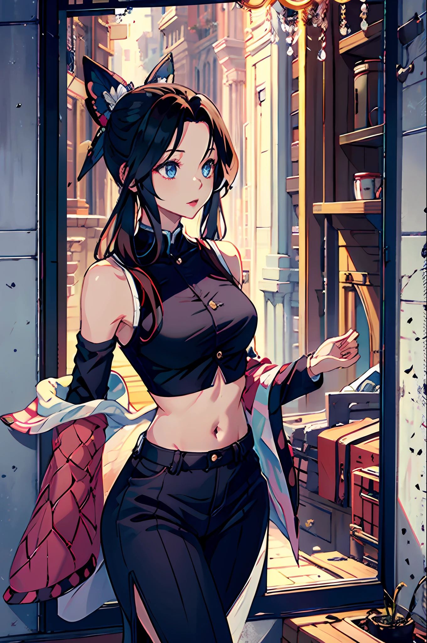 masterpiece, best quality, highres, hancock1, 1girl, boa hancock, large breasts, long hair, crop top, side slit, cowboy shot, (small breasts:1.1), Externally expanded Chest,