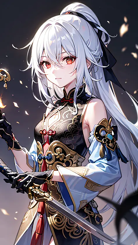 Chinese ancient style，Holding a sword，White color hair，Blackn clothes，red color eyes，high and cold，earnestly，High ponytail