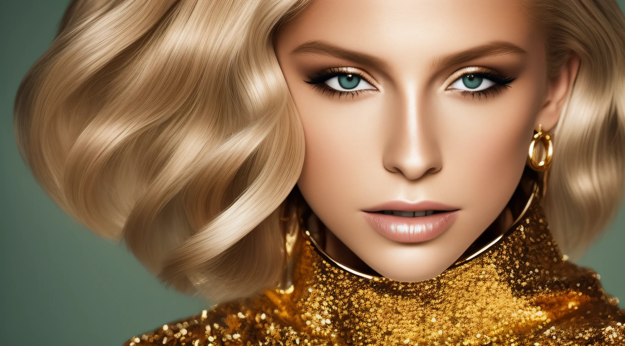 A close up of a woman with blonde hair and gold dress - SeaArt AI