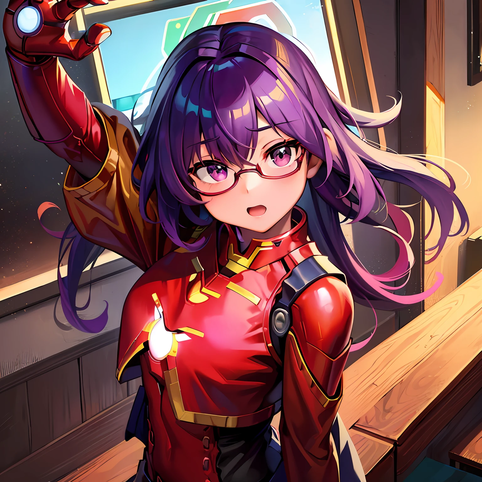 (k hd,Painting works well),(schoolgirls:1.3),red tinted hair,Green glasses,(Wear an Iron Man costume:1.2),floatking,Side display angle,Purple dark tones,Wide view"" --auto