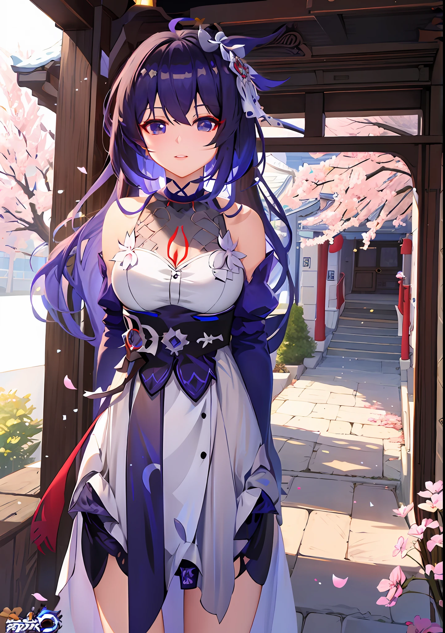 tmasterpiece，best qualtiy，Anime girl wearing white dress，Purple hair and purple belt, Ayaka Genshin impact, cute anime waifu in a nice dress, A scene from the《azur lane》videogame, ayaka game genshin impact, anime moe art style, Keqing from Genshin Impact, Best anime 4k konachan wallpaper, seductive anime girls, Anime goddess, azur lane style