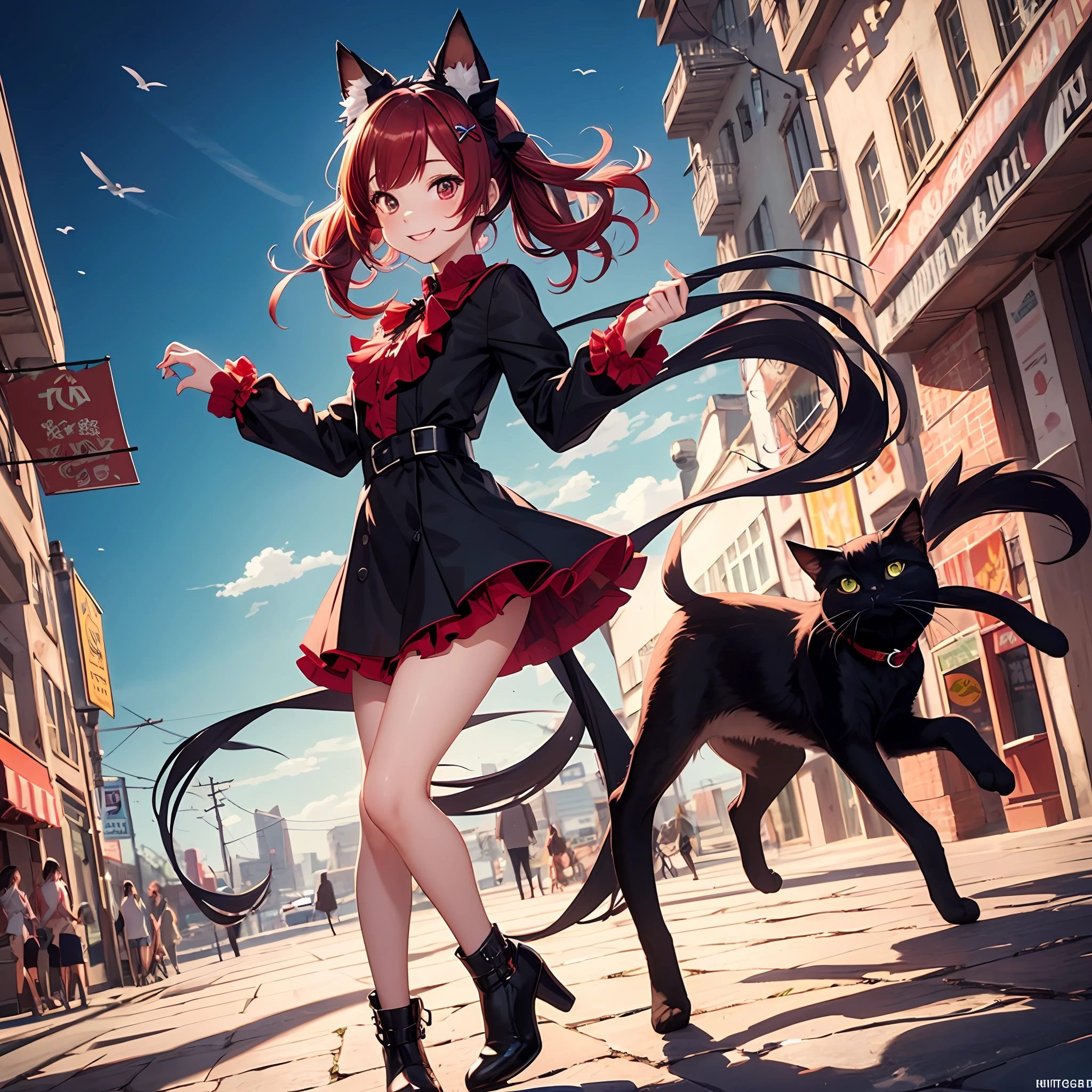 Anime girl with red hair and black cat ears walking down a street 