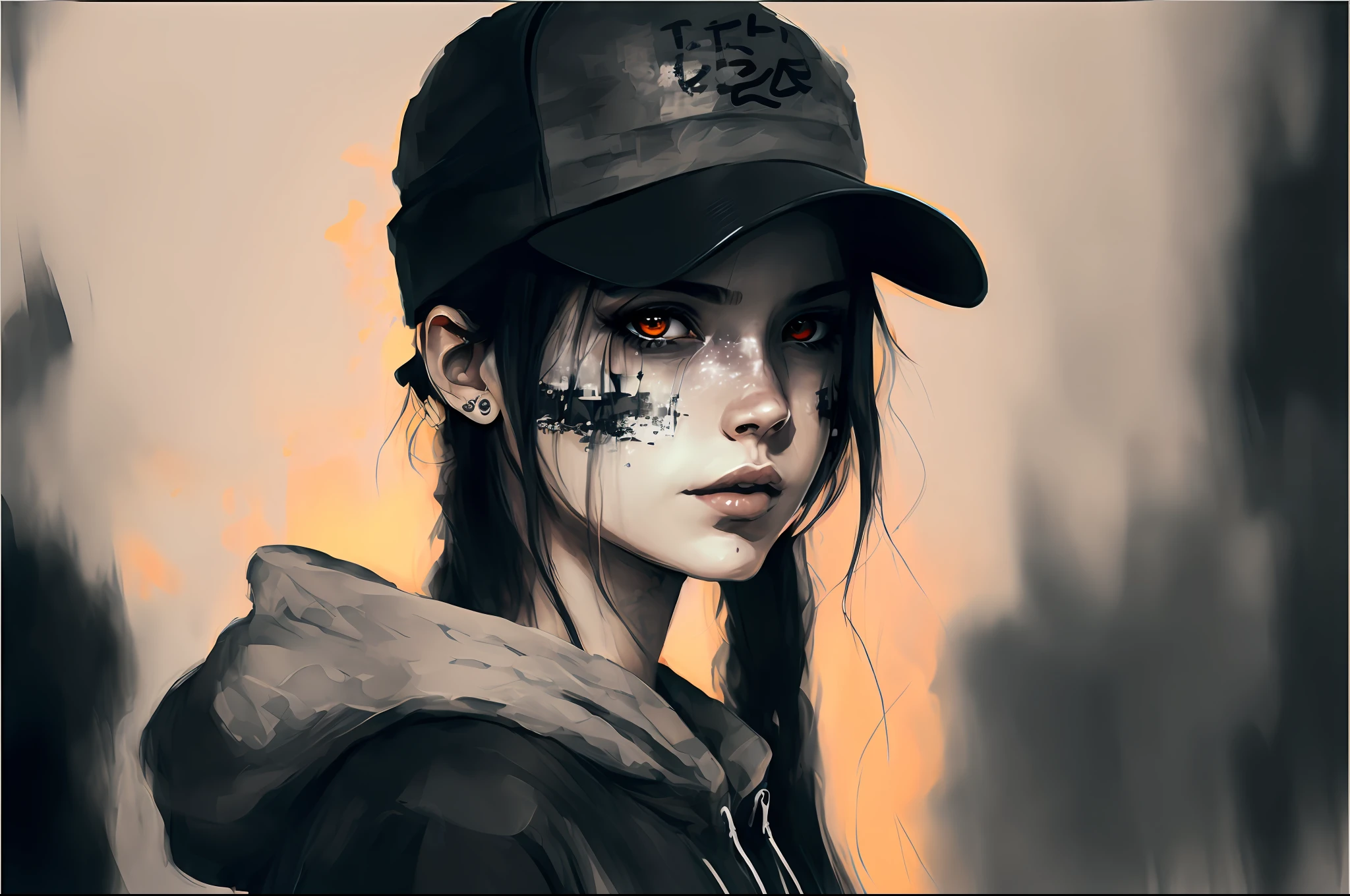 Draw a woman wearing a baseball cap and face paint, Guviz-style artwork, the cyberpunk girl portrait, beautiful cyberpunk girl face, cyberpunk digital painting, 🤤 girl portrait, Digital cyberpunk anime art, urban girl fanart, cyberpunk anime girl, cyberpunk anime girl in hoodie, cgsociety portrait, 4k digital painting, 4 k digital painting