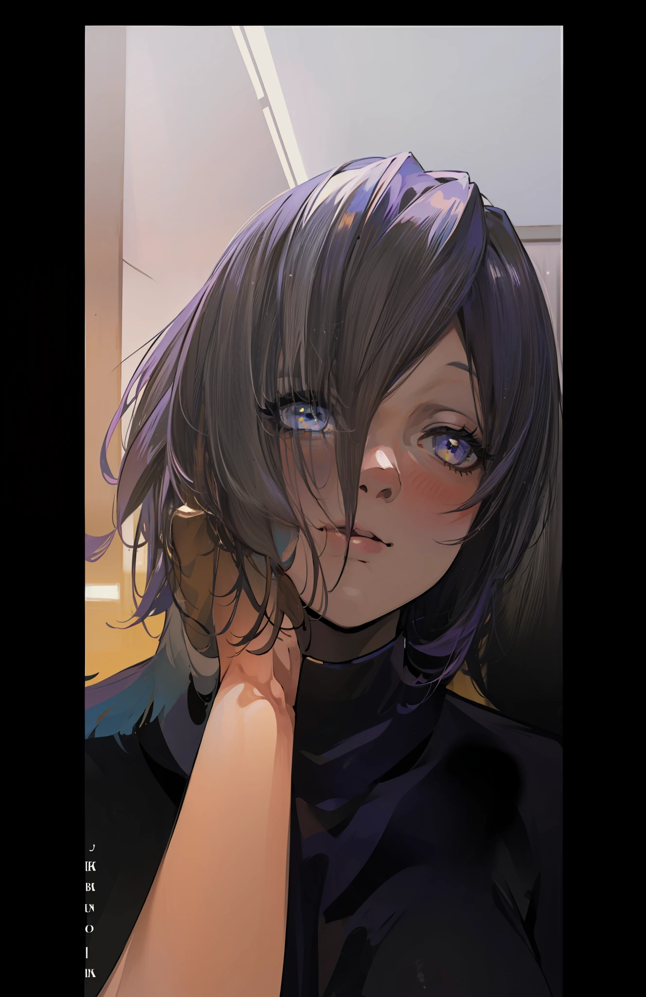 (masterpiece), (best quality), photorealism, realistic, ultra detailed, 8k resolution, ((1girl), solo)), (beautiful, (purple short hair, yellow highlight front bang)), (front light, cinematic light, cold light), ((moona hoshinova, vtuber, indoor, close up photo), black t-shirt, looking up, view from front), best propotional body, simetrical face, beautiful eyes, anime girl, vtuber picture