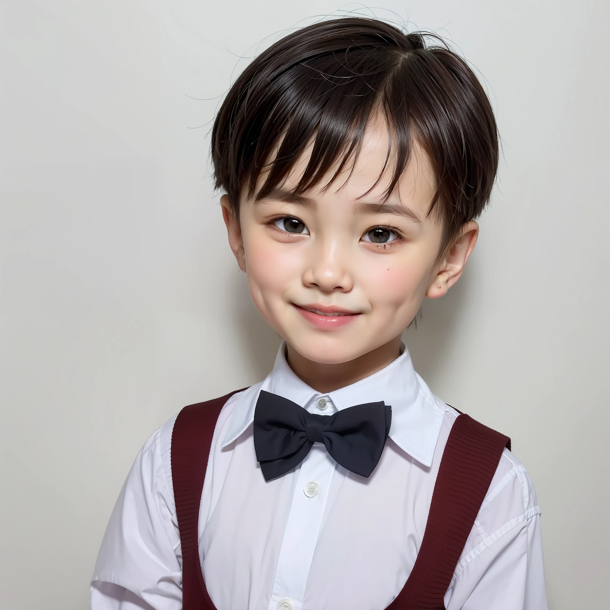 style moderne, fond blanc, Photo d&#39;identité d&#39;un enfant chinois, beau, garçon souriant, Yeux noirs, tête plate, noeud papillon