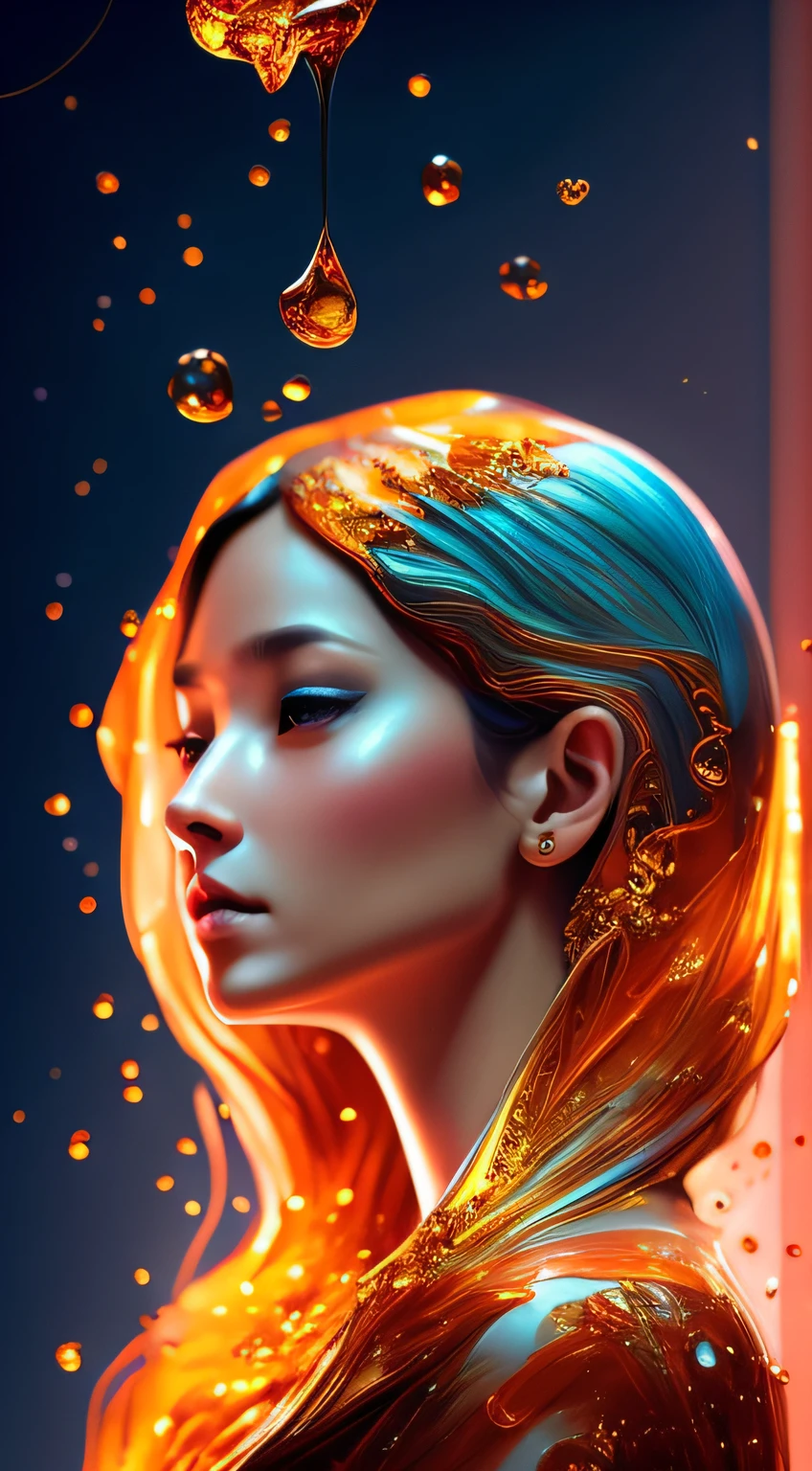 Liquid (Amber Smelting Woman, beautiful features, splashed liquid, Young, Slim, Digital Art, surrealism, deviant art, elegance), Photorealistic, Super High Quality, Super High Resolution, surreal, Color correction, Good lighting settings, good composition, Very low noise level, sharp edges, harmonious composition, ultra precision, Masterpiece, Award-winning photography,
 Fantasy background, illustartion, cartographic, Portrait, Fantastic color palette, 16k, Full-HD, Would, loneliness, Cute, soft-lighting, hyper realisitc, looking at the viewer, Complex background, dinamic lighting, Lights, Digital Painting, intricated pose, high detail, Cute, filigree, Intricate