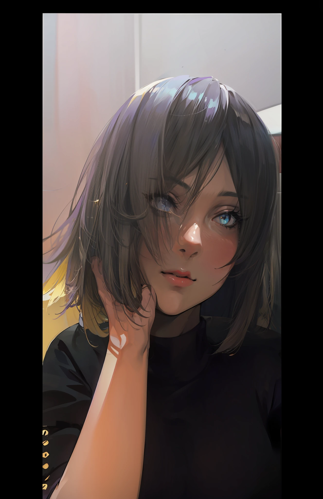 (masterpiece), (best quality), photorealism, realistic, ultra detailed, 8k resolution, ((1girl), solo)), (beautiful, (purple short hair, yellow highlight front bang)), (front light, cinematic light, cold light), ((moona hoshinova, vtuber, indoor, close up photo), black t-shirt, looking up, view from front), best propotional body, simetrical face, beautiful eyes, anime girl, vtuber picture