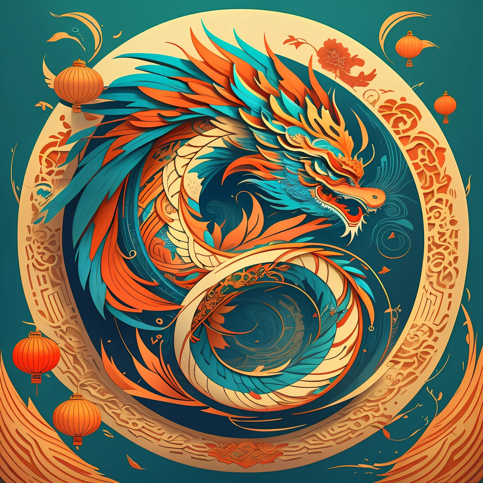 ベクターアートで提示されたスタイリッシュなモダンな中国のドラゴンのロゴ，鮮やかな色彩と精巧なディテール，人目を引く図形を作成する。