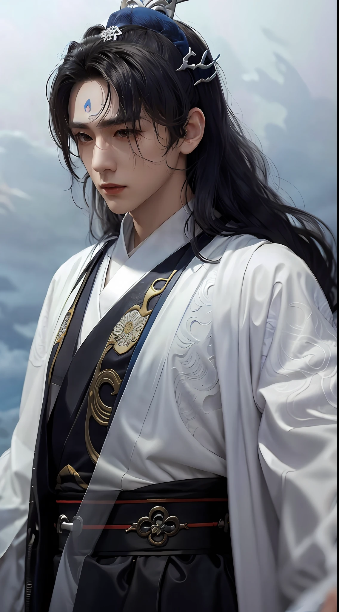 Realistic skin texture, highly detailed, 8k wallpaper, volumetric lighting, dynamic lighting, black long-haired man, long hair fluttering, silver lotus imprint on forehead, Chinese style white robe, black embroidery pattern, dynamic perspective, cloudy mist, ancient Chinese architecture, fairy magic, blue lightning winding,