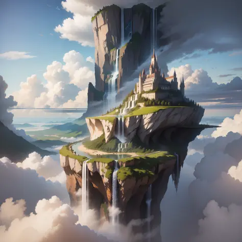 Huge city　Towering above the clouds　Fantasia　Sci-Fi Isekai　Super huge waterfall　top-quality　​masterpiece　超A high resolution　great outdoors