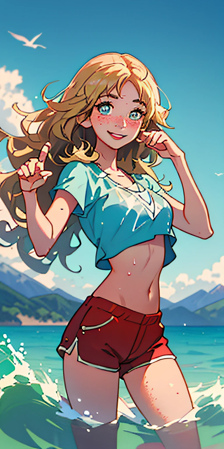 (best quality, masterpiece), 1girl, paw pose, smile, laughing, ocean, crop top, shorts, blonde, freckles, blush, looking at viewer, wavy hair, cloud, splashing, waves, sun, mountain, wet