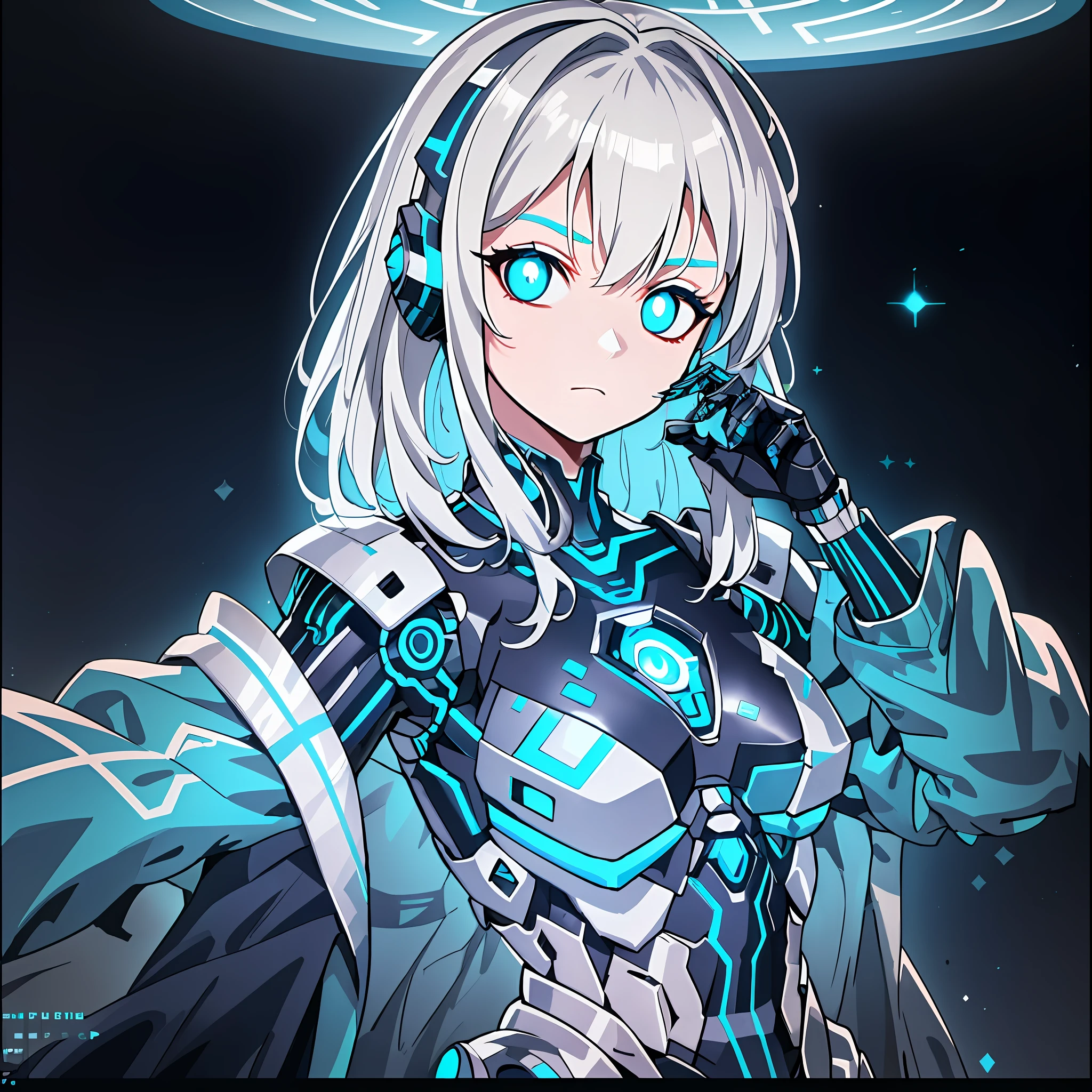 Super detailed cyborg stunning drawings，silver hair girl、Cyborg girl，Slim waist， Hardware and software elements are intertwined，  Cyberpunk style，Galaxy icy cold color scheme with white hair，Cyan pupils，Exoskeleton armor，Rifle and headset embellishmentechanical parts and microchips shine together，The facial muscles are clearly visible，Step by step for the battalion offensive and defensive tactics，The focal length is clear，The rule of thirds presents a perfect picture，Virtual Wide Engine Technology，style of surrealism，The concept art is perfectly presented，Glowing eye vision blends with the galactic starlight。