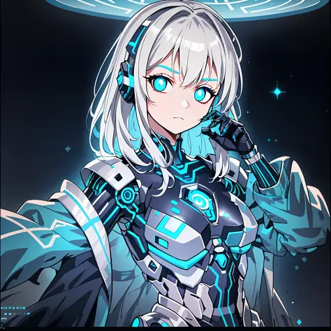 Super detailed cyborg stunning drawings，silver hair girl、Cyborg girl，Slim waist， Hardware and software elements are intertwined，  Cyberpunk style，Galaxy icy cold color scheme with white hair，Cyan pupils，Exoskeleton armor，Rifle and headset embellishments，Me...