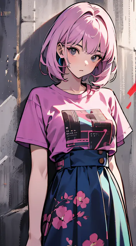 upperbody closeup，Cyberpunk-city，A girl stands in front of a wall，Newspapers were plastered on the walls，Pink hair，long whitr ha...