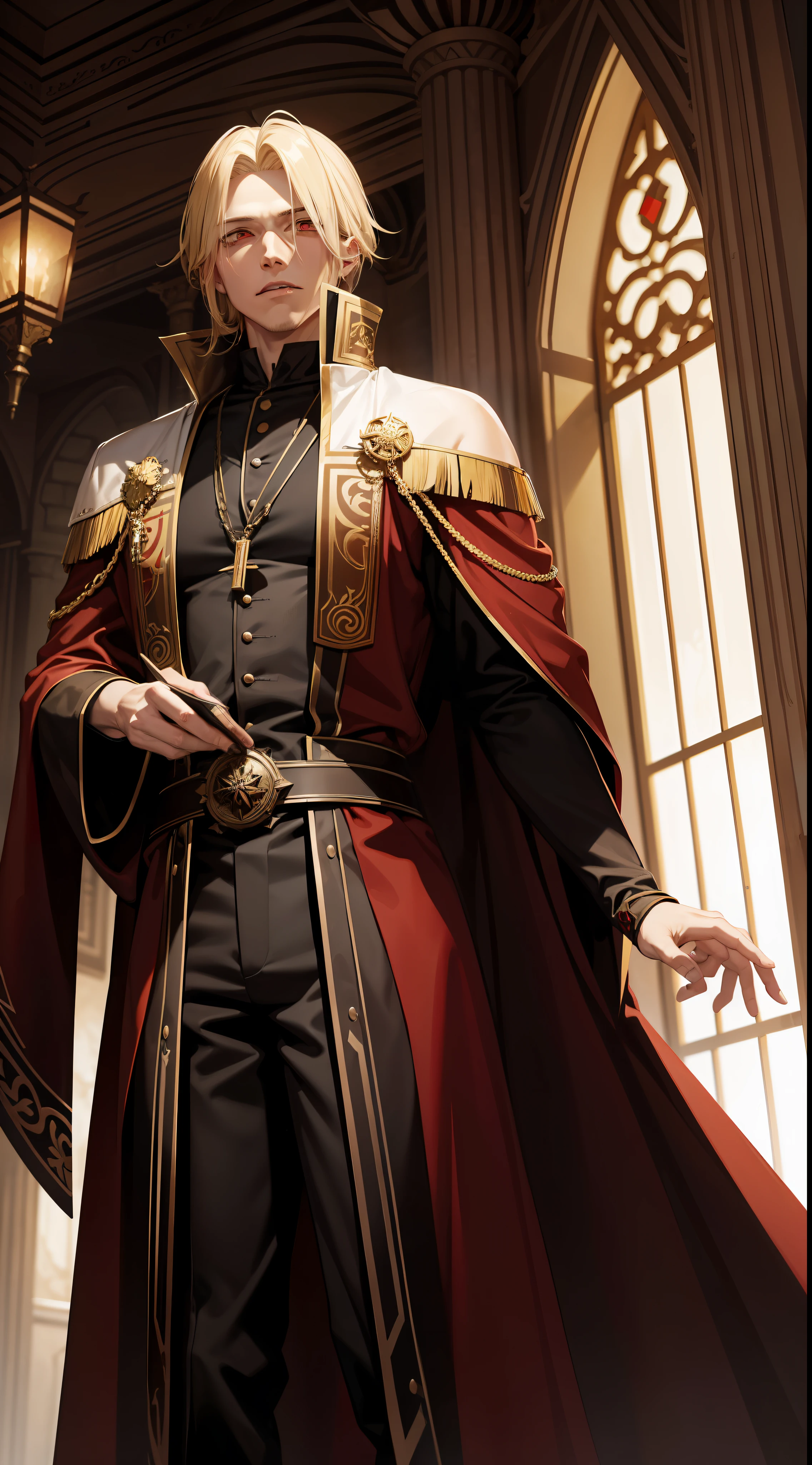 A 29-year-old man, a vampire king with blonde hair and red eyes, he wears a brown robe