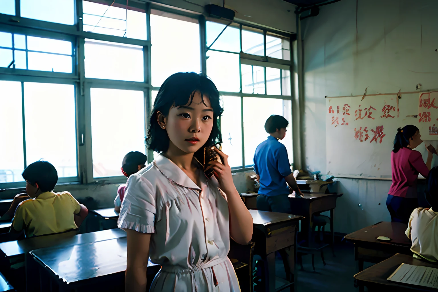 Fotos de Erjie：1 menina，só，‎Sala de aula，sentado，alunos，Verão dos anos 80。（rosto claro e realista：1.5）, Uma obra-prima interior，Melhor qualidade na melhor das hipóteses，Uma alta resolução，Detalhes complicados。Por favor, use sua imaginação，Misture homens e mulheres de todas as raças e torne cada rosto diferente，Use todos os fantasmas de emoções diferentes，Faça o que você quiser，Como fazer。